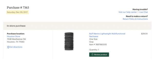 Screenshot of Merino wool buff purchase from REI