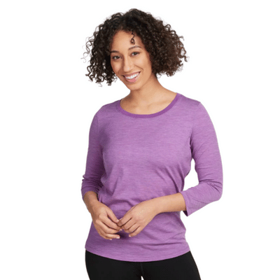 Woman in Purple 3/4 Sleeve Merino Wool Base Layer